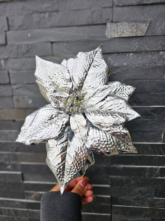 Metallic Poinsettia Pick Silver Artificial
